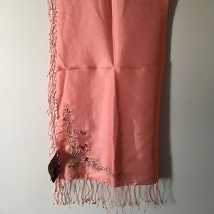 JAMES COVIELLO Pink 100% Silk Fringed Floral Hand Embroidered Scarf